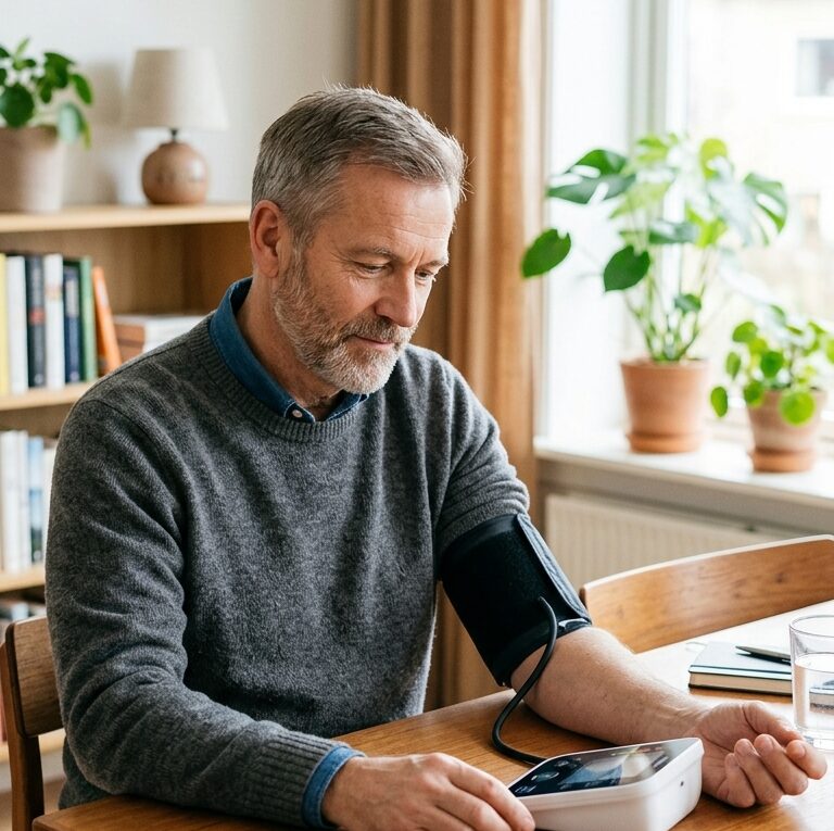 man over 50 measuring blood pressure heart health