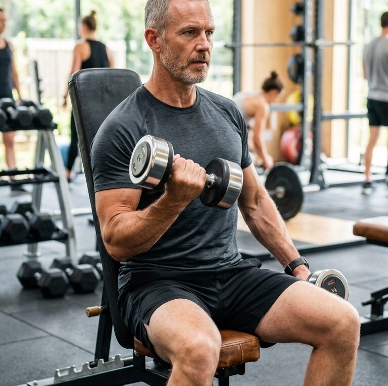 man over 50 lifting weights to rebuild muscle