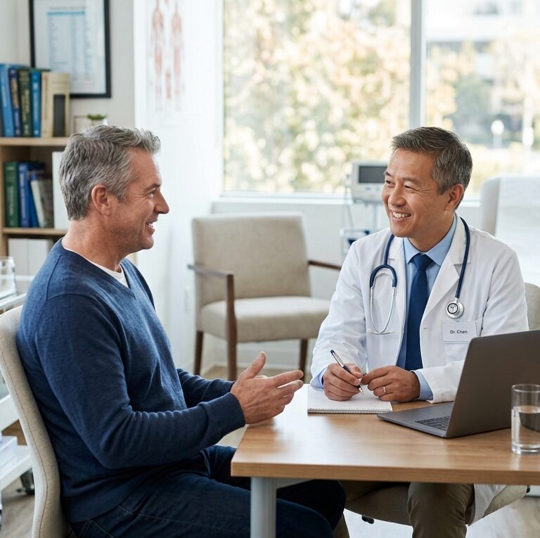 doctor explaining PSA test to male patient